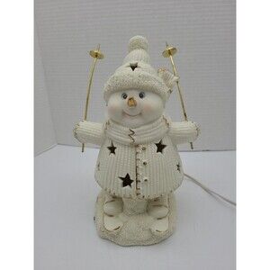 Skiiing Snowman Figurine Lighted International Bazaar 9.5" Ivory Bisque